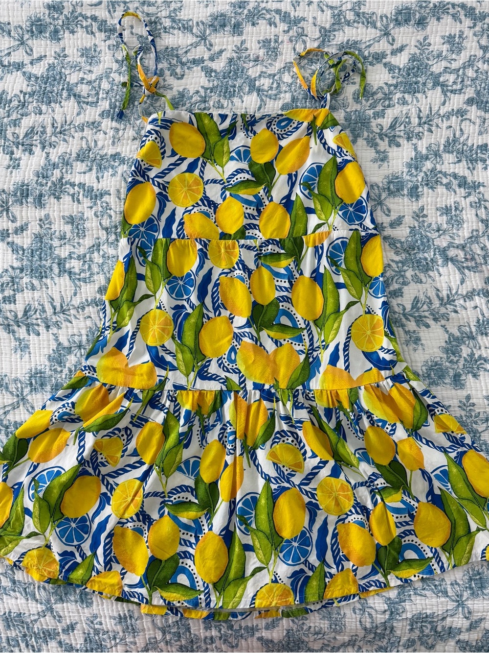 Kenny Flowers Yellow Lemon Print Midi Dress with Blue Accents